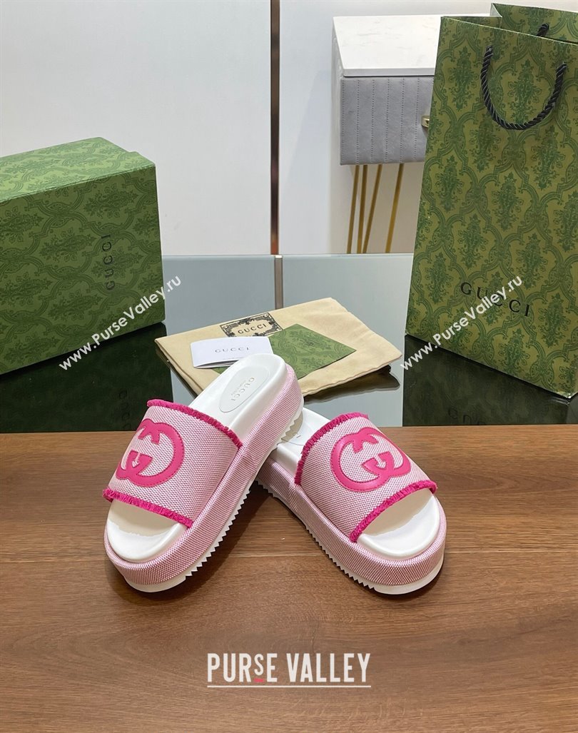 Gucci Canvas Platform Slides Sandal 5.5cm with Fringe Light Pink 2024 0723 (MD-2407230126)