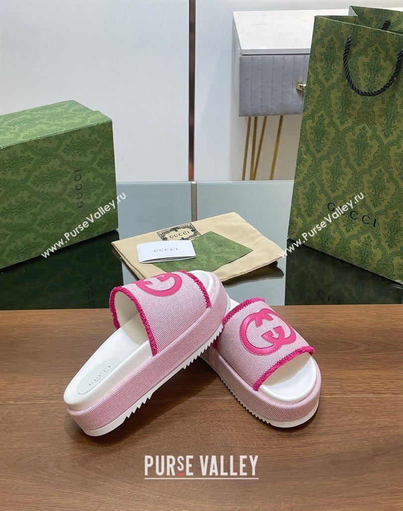 Gucci Canvas Platform Slides Sandal 5.5cm with Fringe Light Pink 2024 0723 (MD-2407230126)