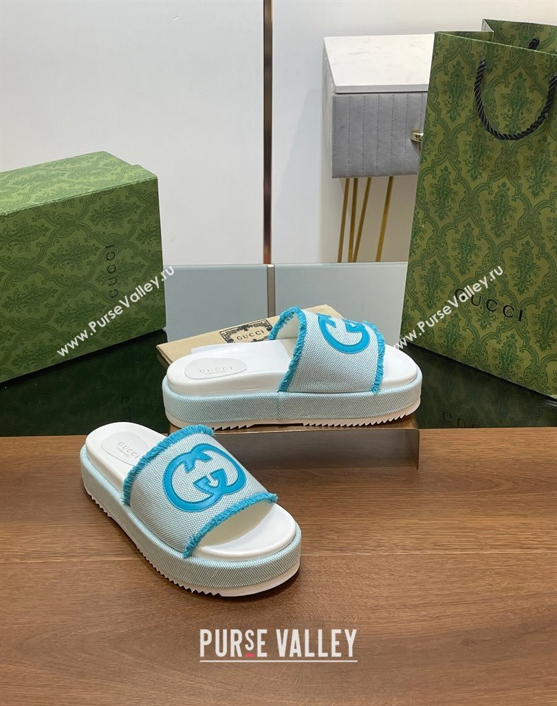 Gucci Canvas Platform Slides Sandal 5.5cm with Fringe Light Blue 2024 0723 (MD-2407230127)