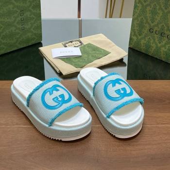 Gucci Canvas Platform Slides Sandal 5.5cm with Fringe Light Blue 2024 0723 (MD-2407230127)