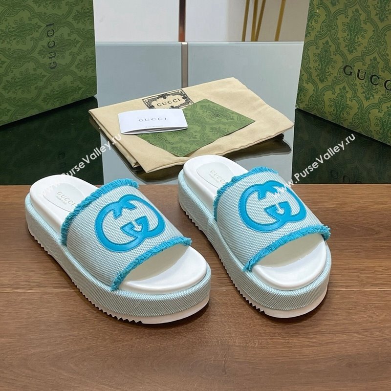 Gucci Canvas Platform Slides Sandal 5.5cm with Fringe Light Blue 2024 0723 (MD-2407230127)