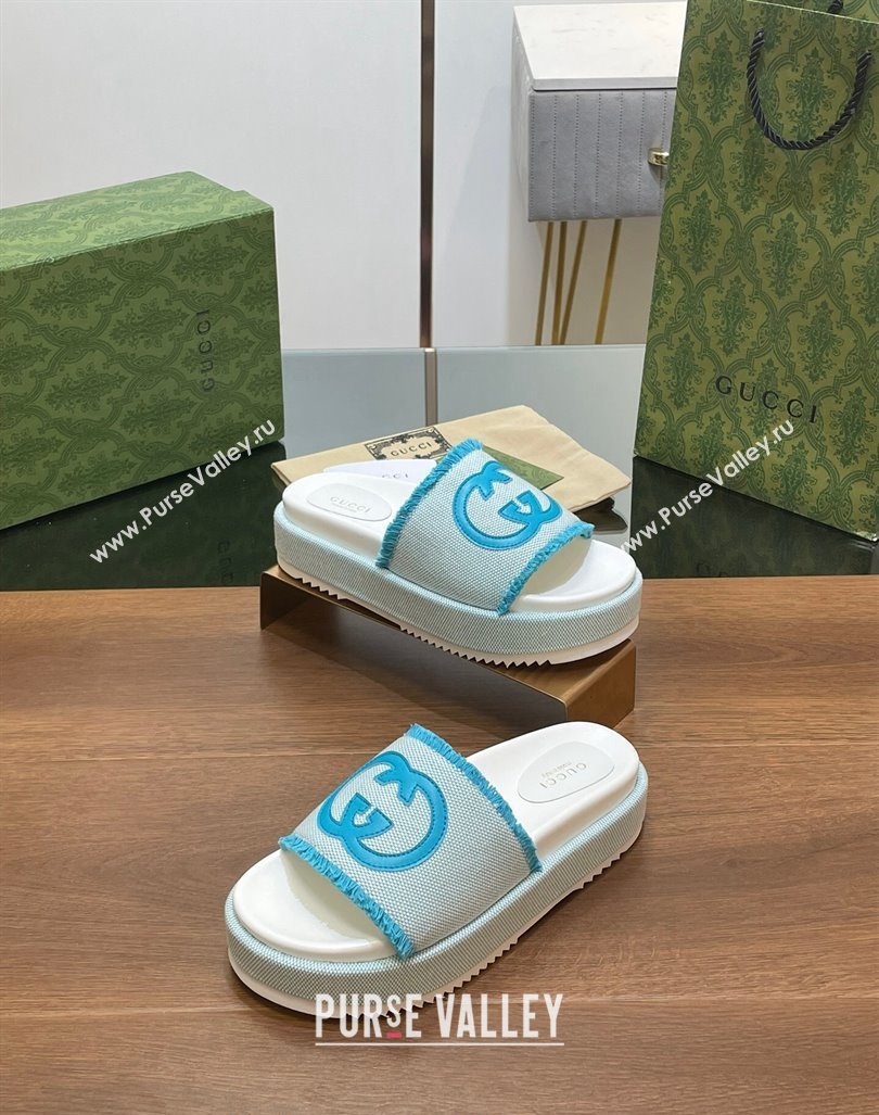 Gucci Canvas Platform Slides Sandal 5.5cm with Fringe Light Blue 2024 0723 (MD-2407230127)