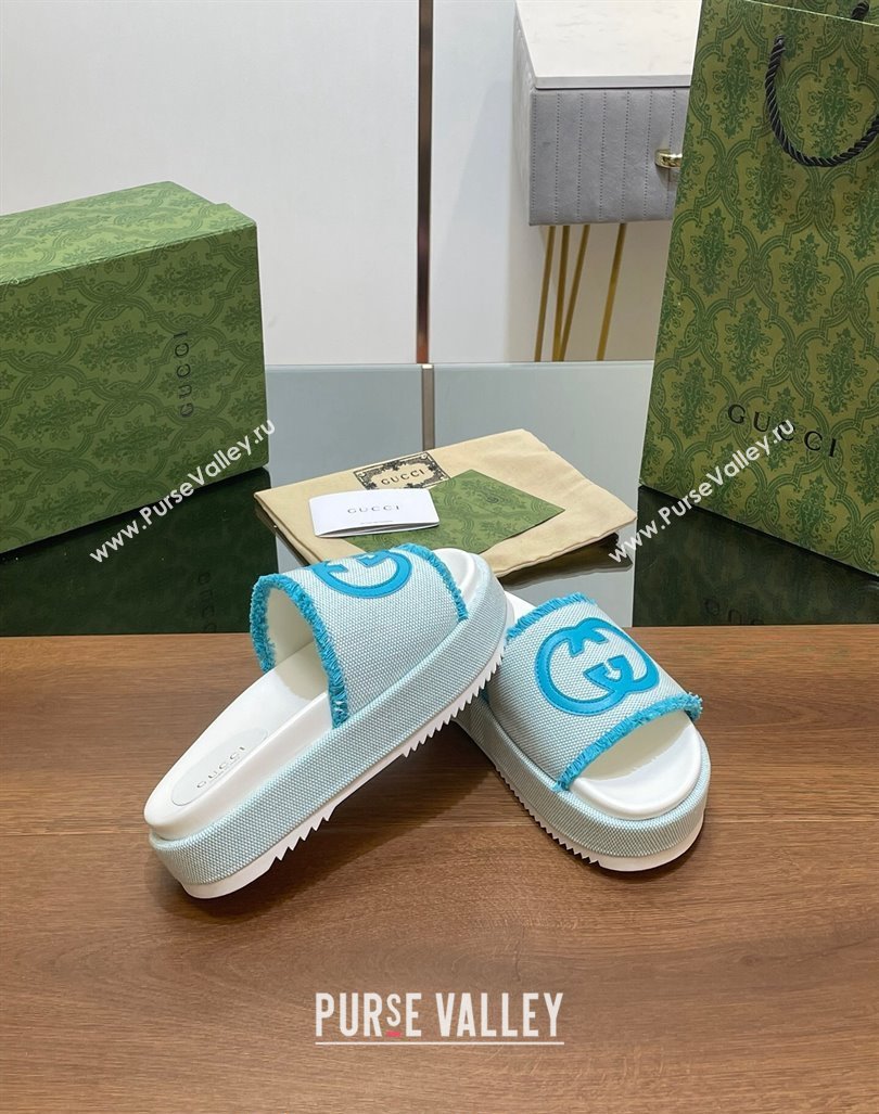 Gucci Canvas Platform Slides Sandal 5.5cm with Fringe Light Blue 2024 0723 (MD-2407230127)