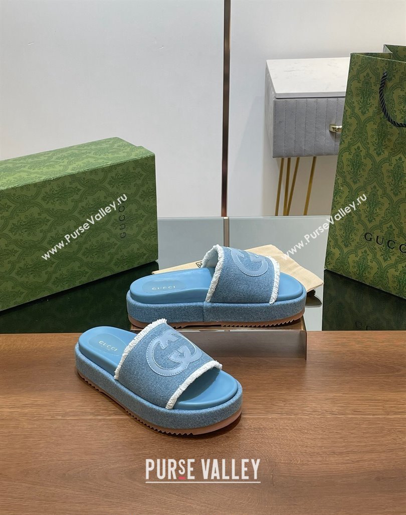 Gucci Canvas Platform Slides Sandal 5.5cm with Fringe Denim Blue 2024 0723 (MD-2407230128)