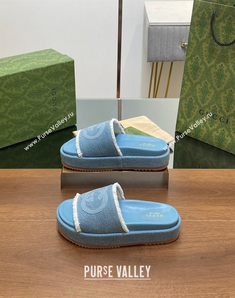 Gucci Canvas Platform Slides Sandal 5.5cm with Fringe Denim Blue 2024 0723 (MD-2407230128)