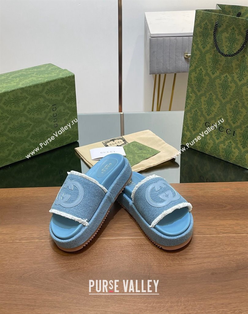 Gucci Canvas Platform Slides Sandal 5.5cm with Fringe Denim Blue 2024 0723 (MD-2407230128)