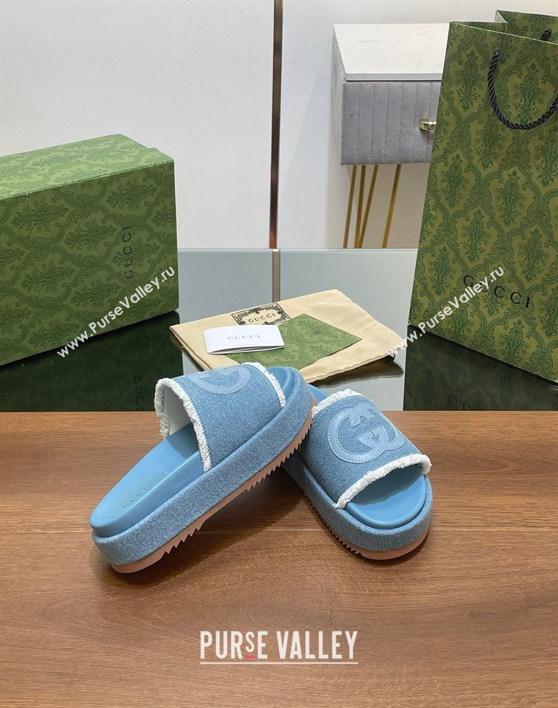 Gucci Canvas Platform Slides Sandal 5.5cm with Fringe Denim Blue 2024 0723 (MD-2407230128)