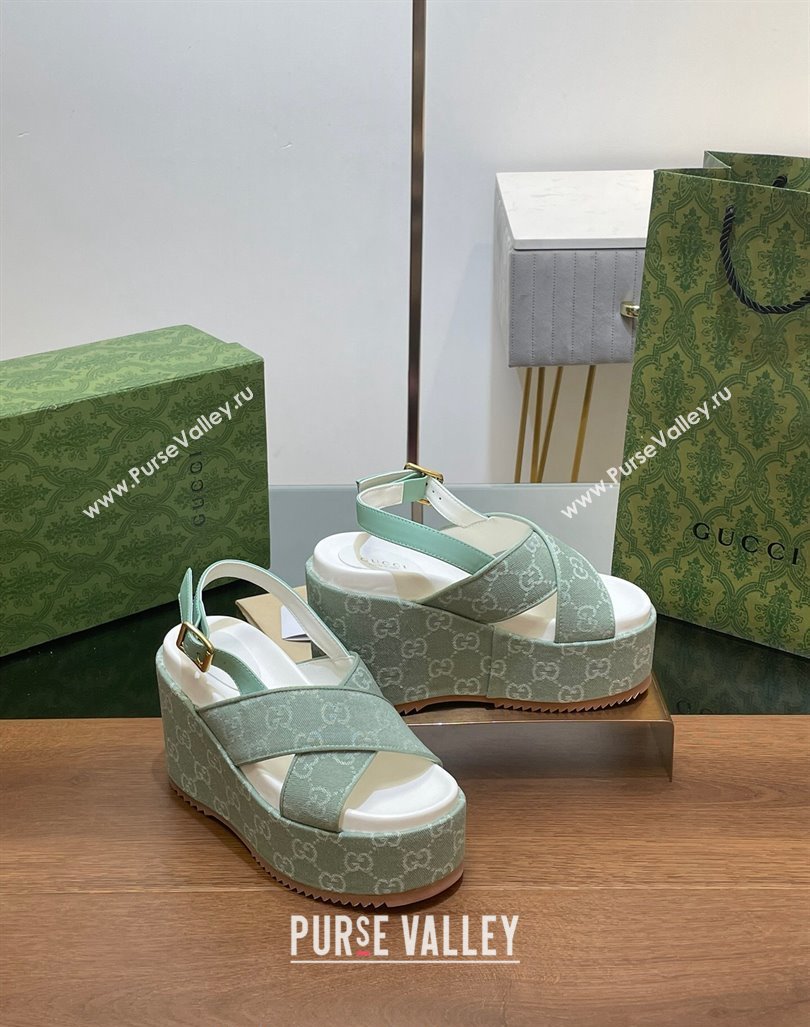 Gucci GG Denim Platform Wedge Sandals Green 2024 0723 (MD-2407230131)