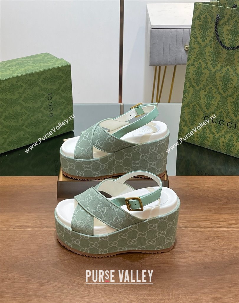 Gucci GG Denim Platform Wedge Sandals Green 2024 0723 (MD-2407230131)