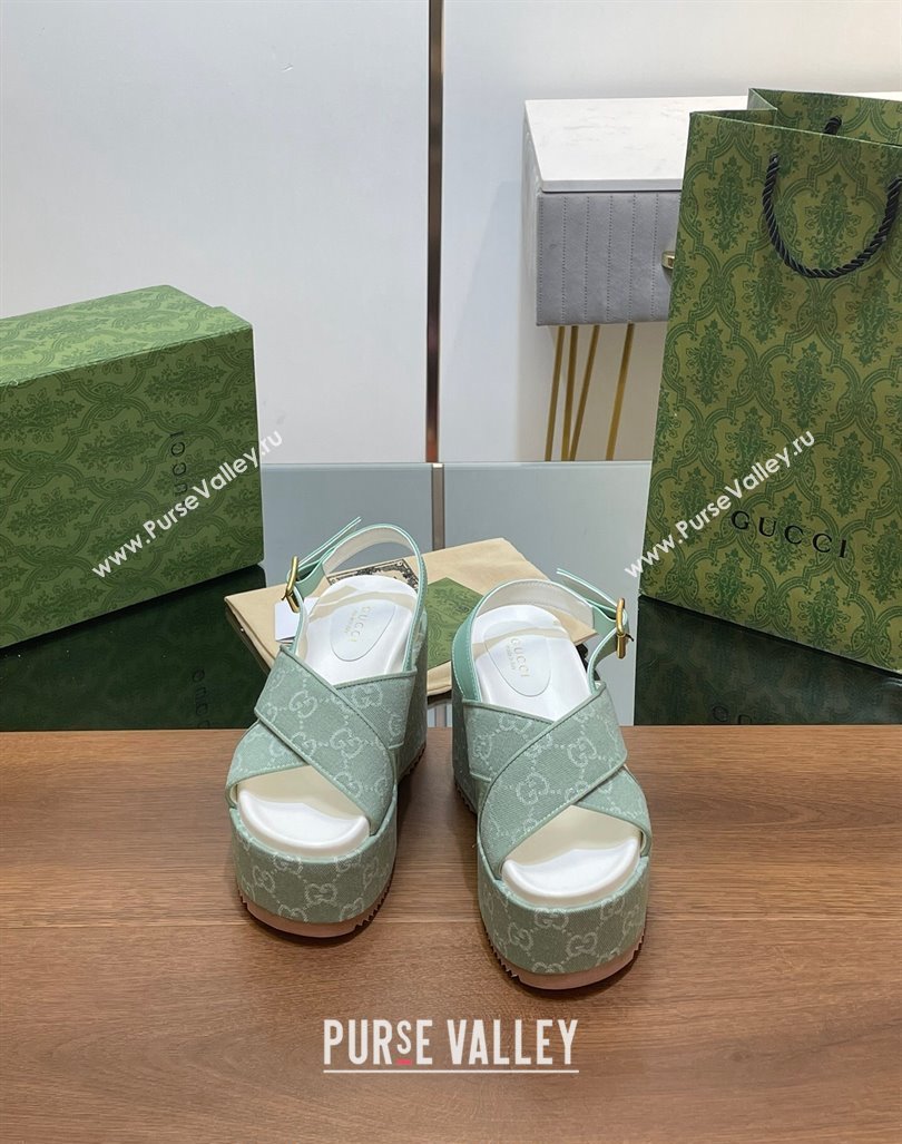 Gucci GG Denim Platform Wedge Sandals Green 2024 0723 (MD-2407230131)