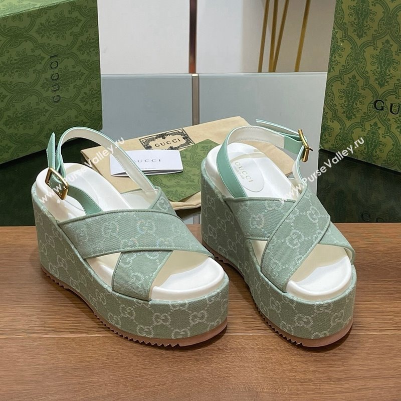 Gucci GG Denim Platform Wedge Sandals Green 2024 0723 (MD-2407230131)