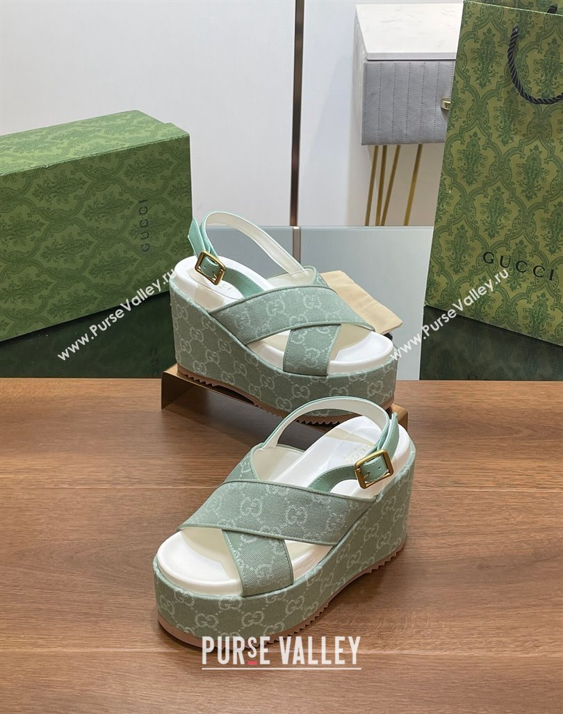 Gucci GG Denim Platform Wedge Sandals Green 2024 0723 (MD-2407230131)