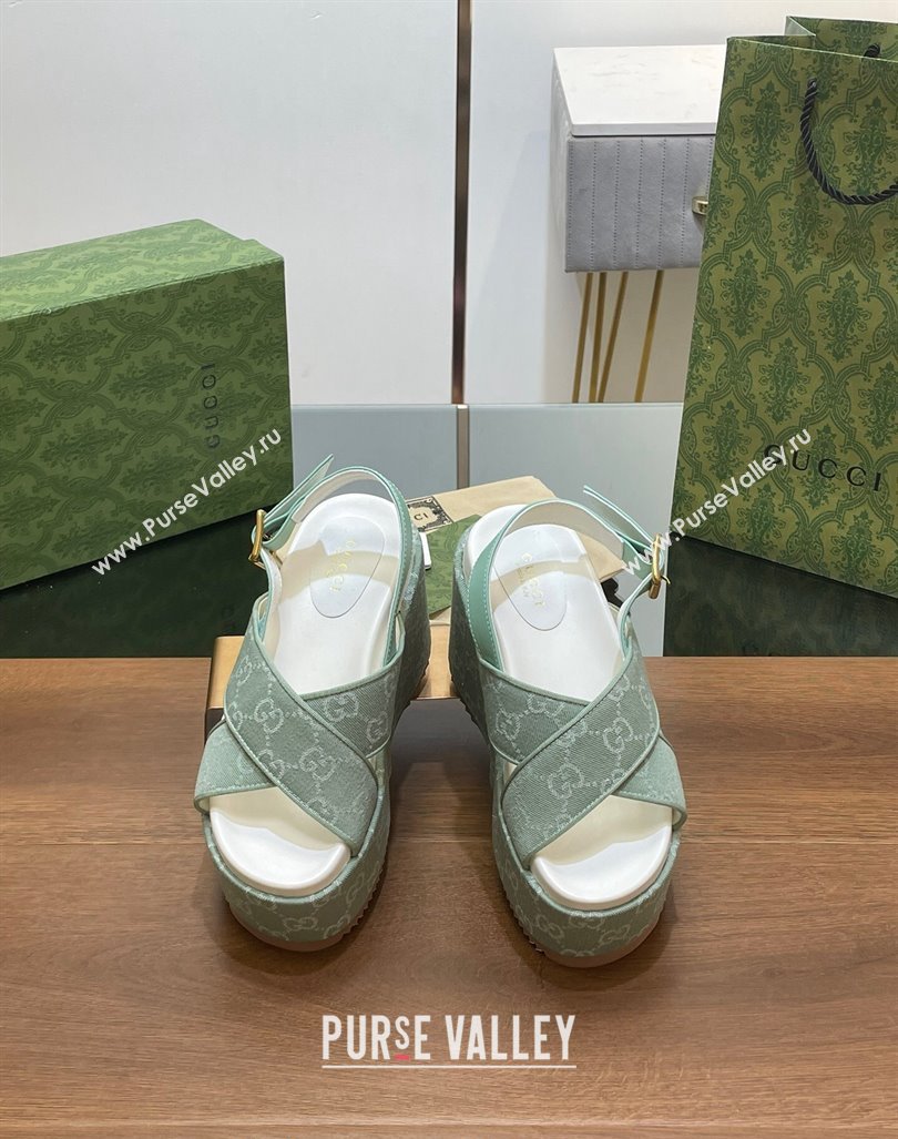 Gucci GG Denim Platform Wedge Sandals Green 2024 0723 (MD-2407230131)