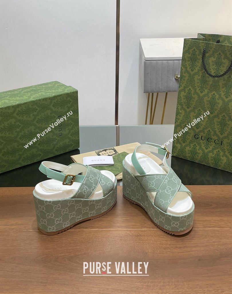 Gucci GG Denim Platform Wedge Sandals Green 2024 0723 (MD-2407230131)