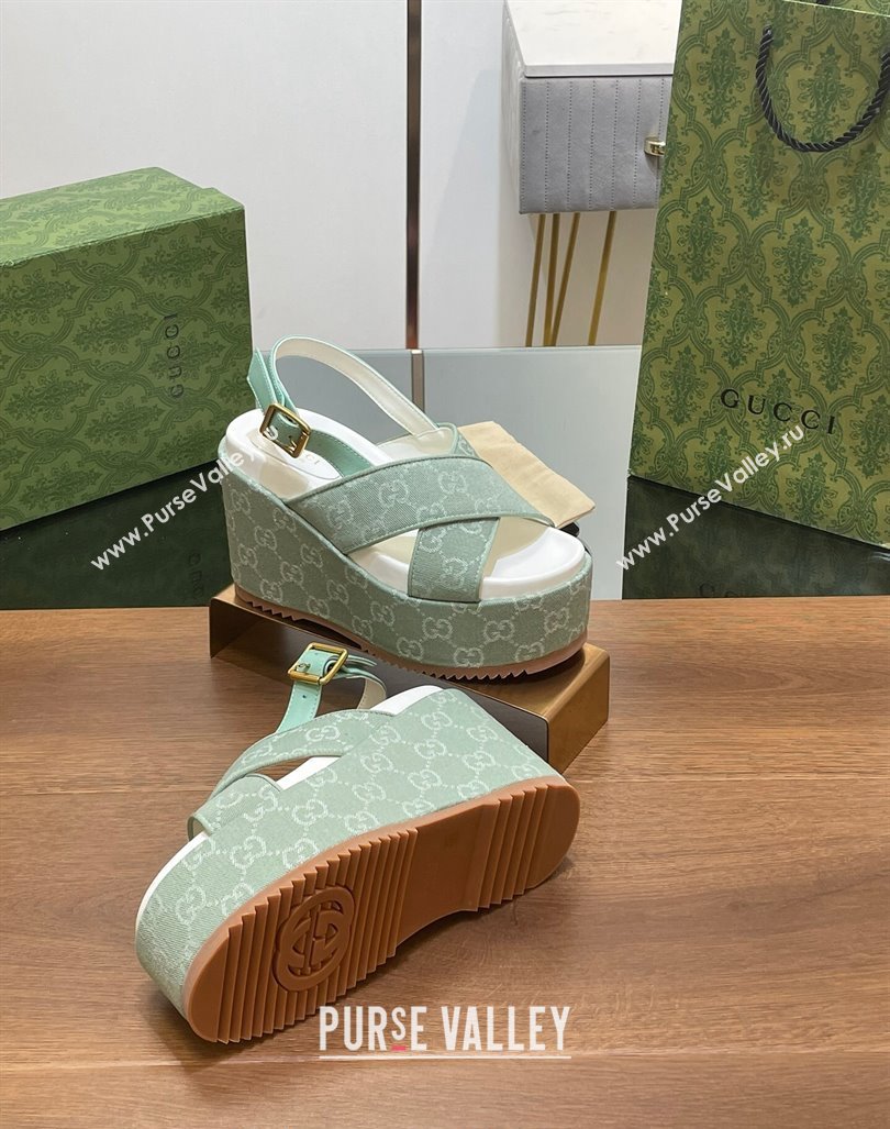 Gucci GG Denim Platform Wedge Sandals Green 2024 0723 (MD-2407230131)