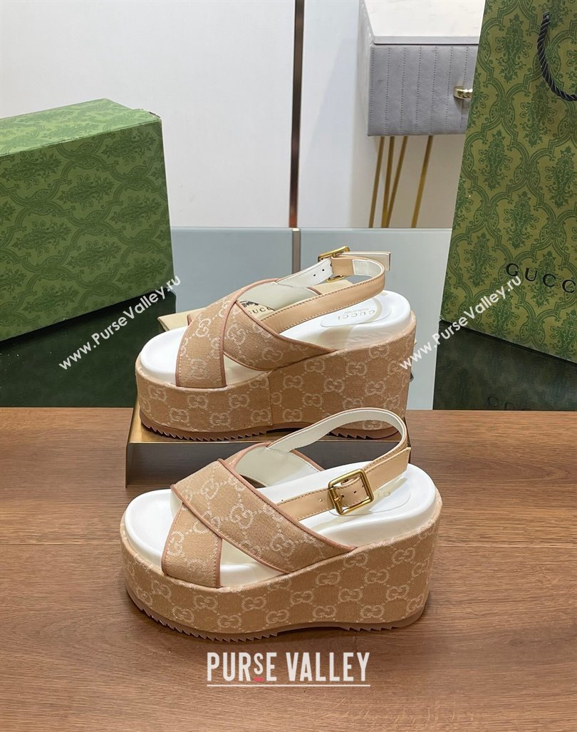 Gucci GG Denim Platform Wedge Sandals Beige 2024 0723 (MD-2407230132)