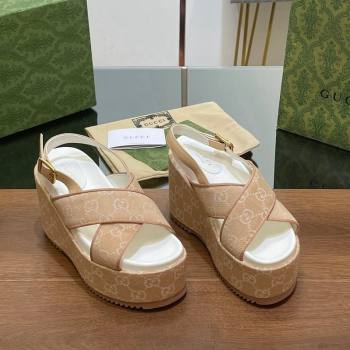 Gucci GG Denim Platform Wedge Sandals Beige 2024 0723 (MD-2407230132)