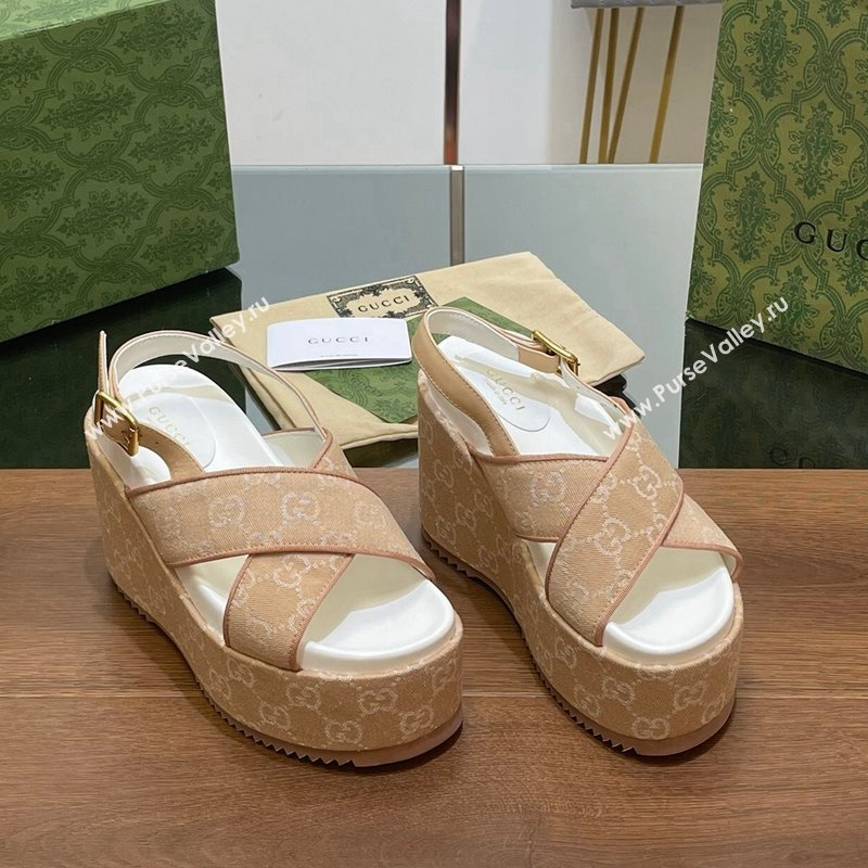 Gucci GG Denim Platform Wedge Sandals Beige 2024 0723 (MD-2407230132)