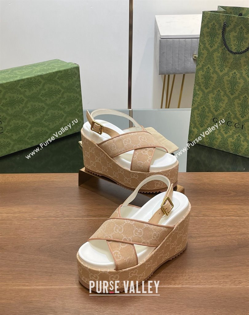 Gucci GG Denim Platform Wedge Sandals Beige 2024 0723 (MD-2407230132)