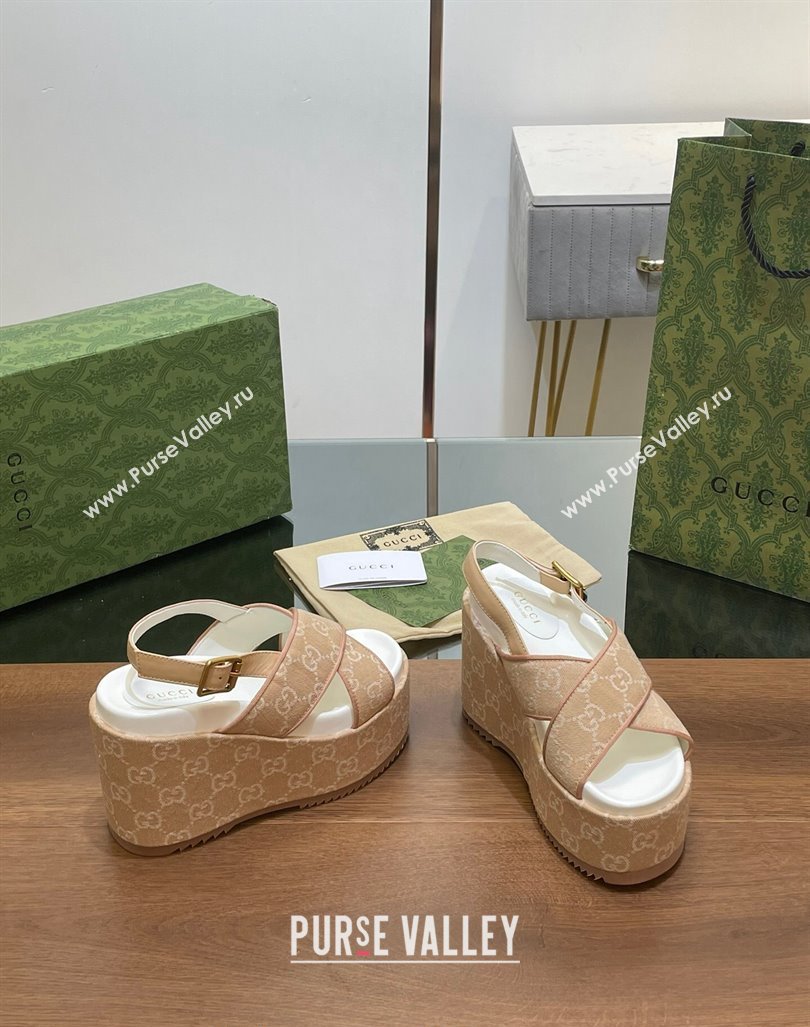 Gucci GG Denim Platform Wedge Sandals Beige 2024 0723 (MD-2407230132)