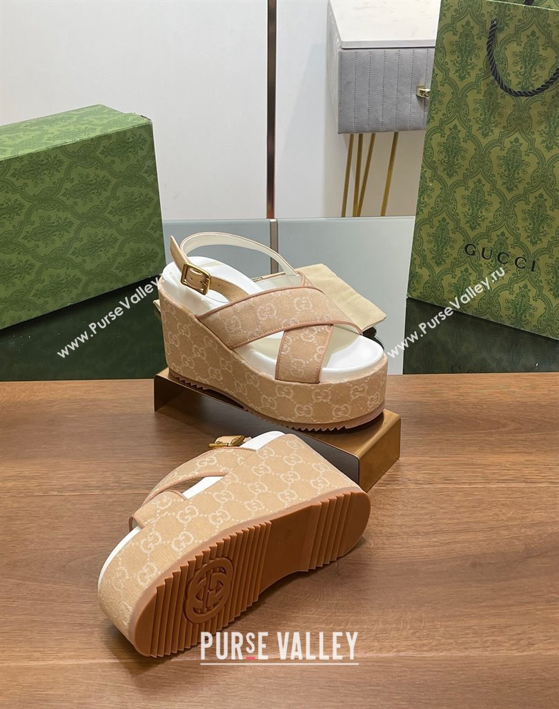 Gucci GG Denim Platform Wedge Sandals Beige 2024 0723 (MD-2407230132)