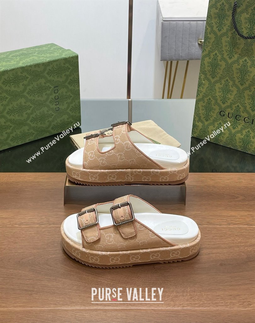 Gucci GG Denim Platform Slides Sandals with Buckle Beige 2024 (MD-2407230129)