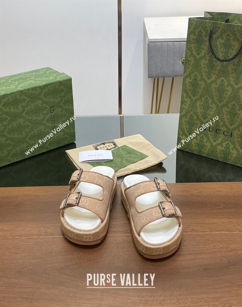 Gucci GG Denim Platform Slides Sandals with Buckle Beige 2024 (MD-2407230129)