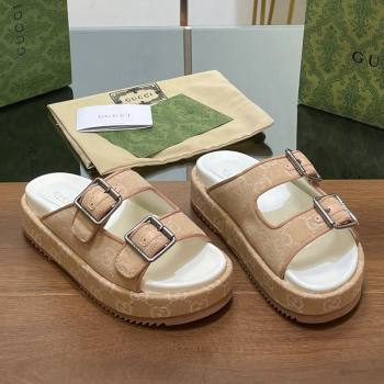 Gucci GG Denim Platform Slides Sandals with Buckle Beige 2024 (MD-2407230129)