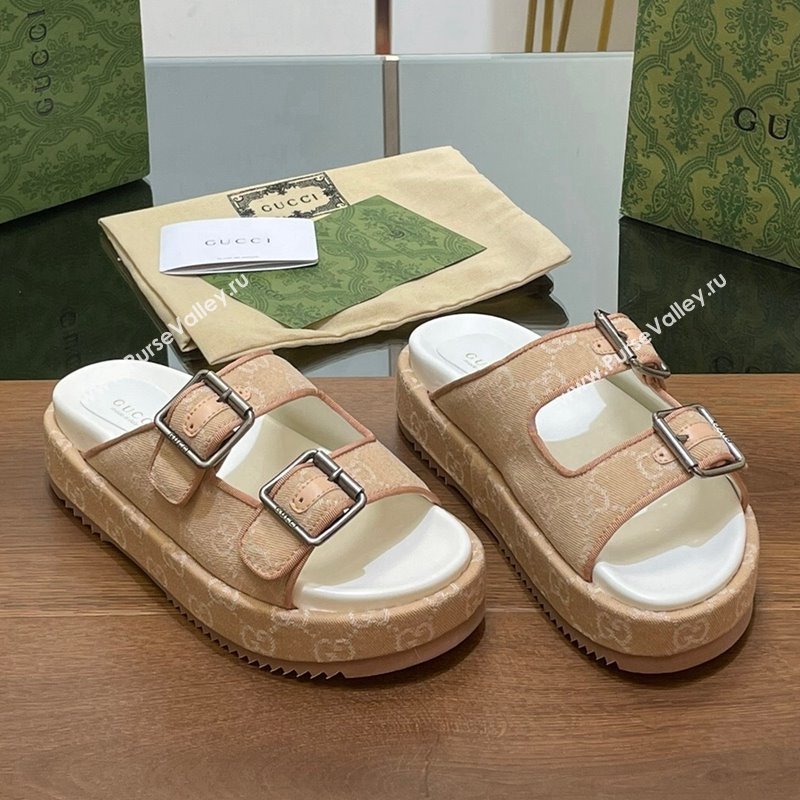 Gucci GG Denim Platform Slides Sandals with Buckle Beige 2024 (MD-2407230129)