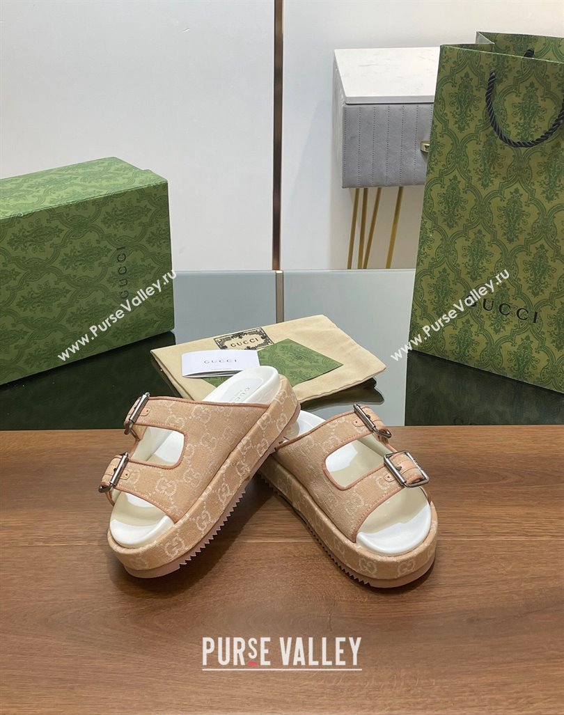 Gucci GG Denim Platform Slides Sandals with Buckle Beige 2024 (MD-2407230129)