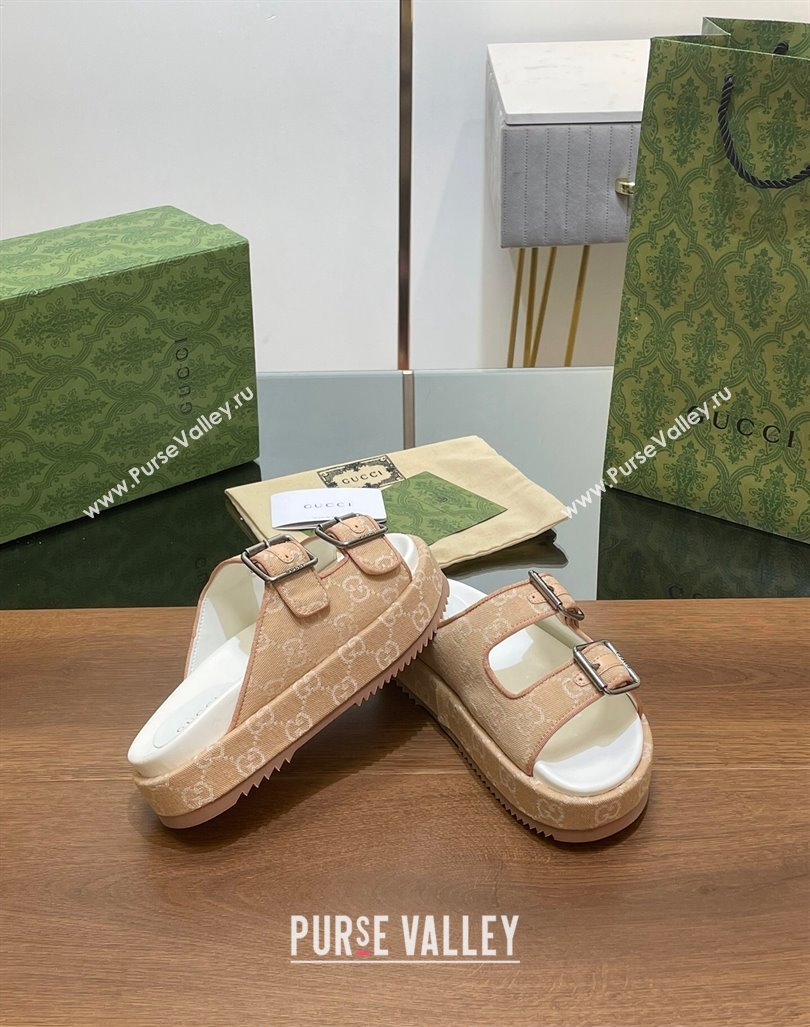 Gucci GG Denim Platform Slides Sandals with Buckle Beige 2024 (MD-2407230129)