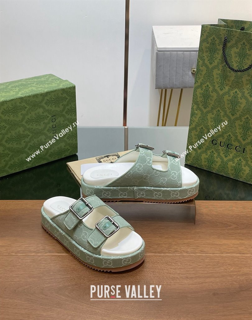 Gucci GG Denim Platform Slides Sandals with Buckle Green 2024 (MD-2407230130)