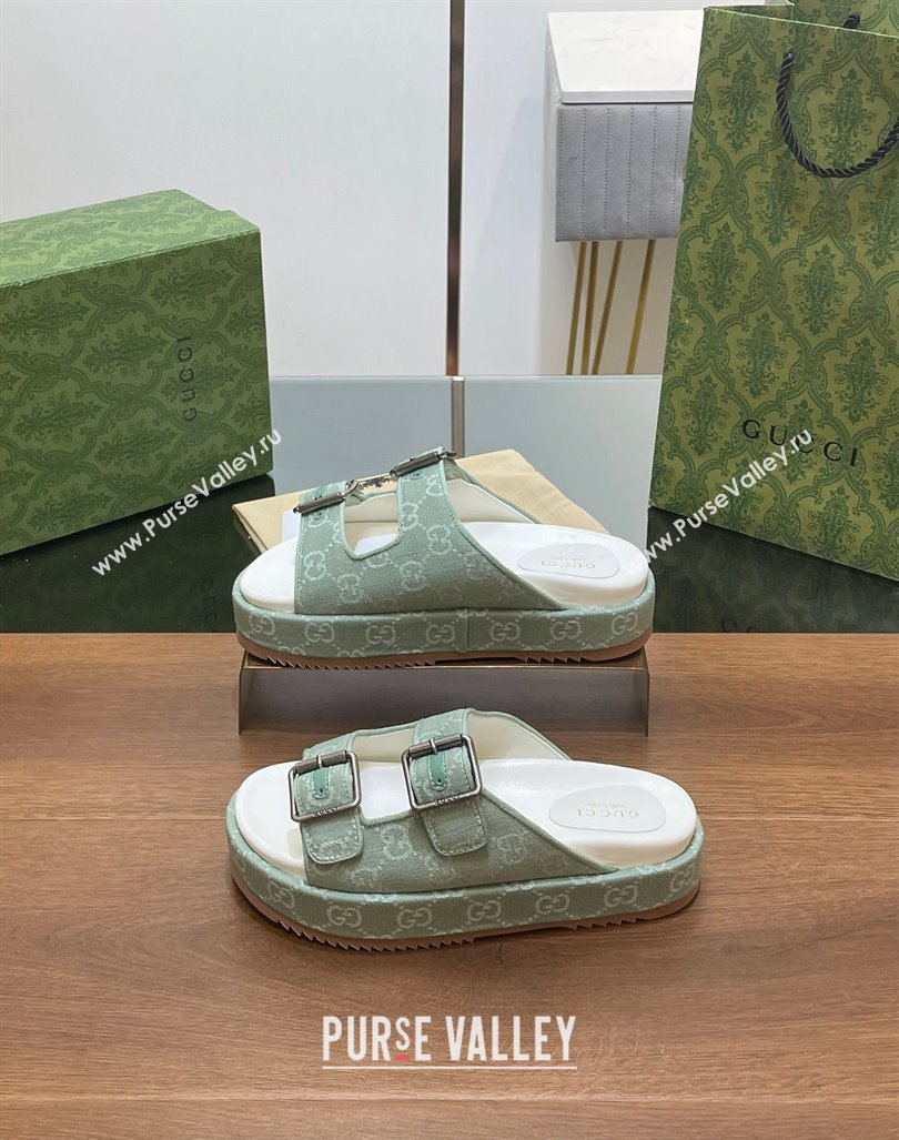 Gucci GG Denim Platform Slides Sandals with Buckle Green 2024 (MD-2407230130)