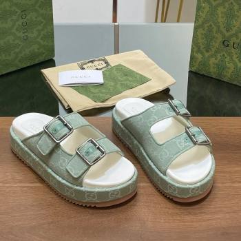 Gucci GG Denim Platform Slides Sandals with Buckle Green 2024 (MD-2407230130)