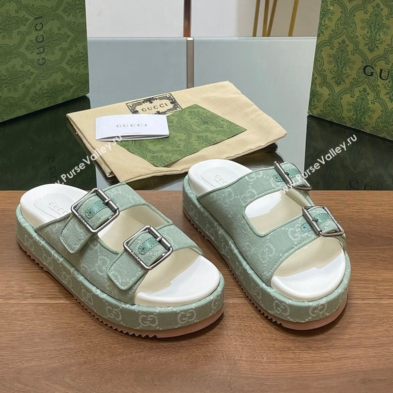 Gucci GG Denim Platform Slides Sandals with Buckle Green 2024 (MD-2407230130)