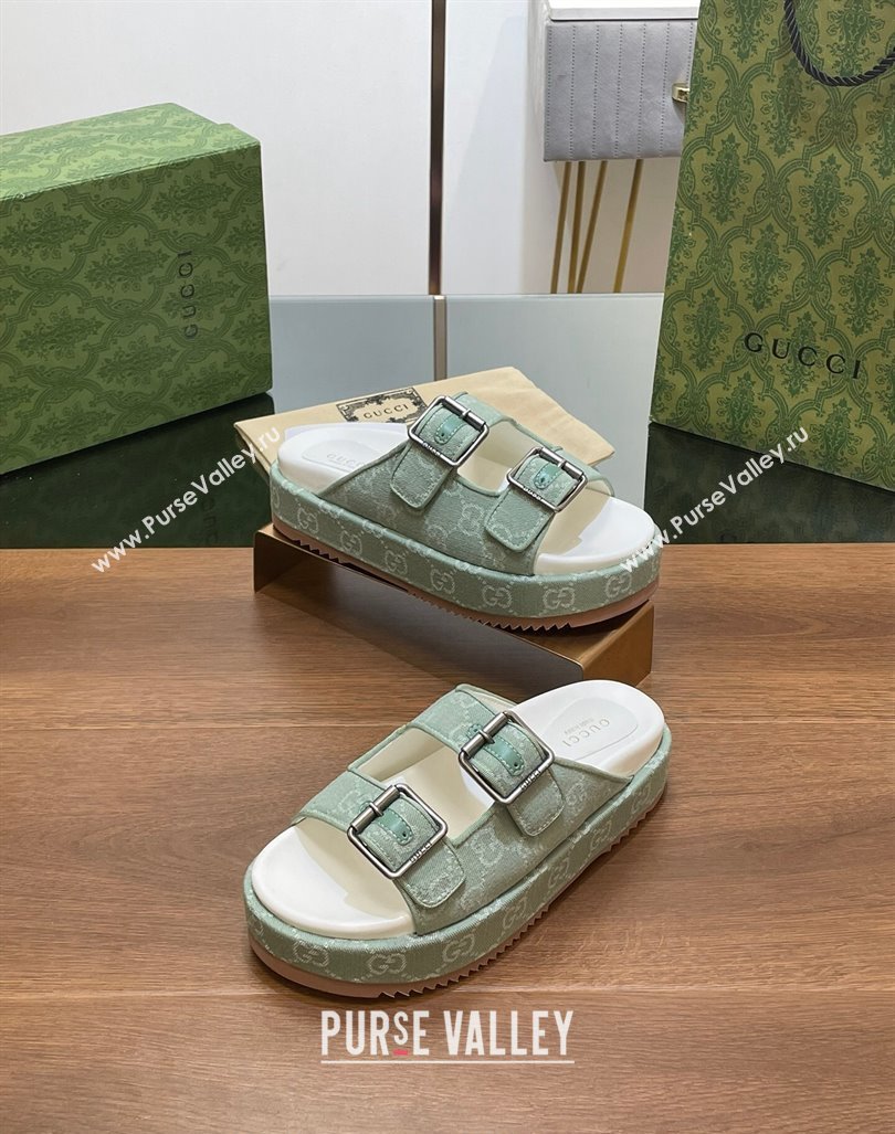 Gucci GG Denim Platform Slides Sandals with Buckle Green 2024 (MD-2407230130)