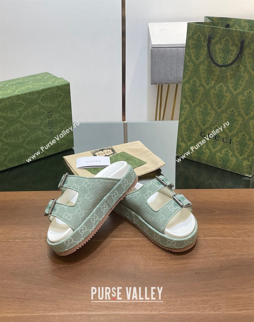 Gucci GG Denim Platform Slides Sandals with Buckle Green 2024 (MD-2407230130)