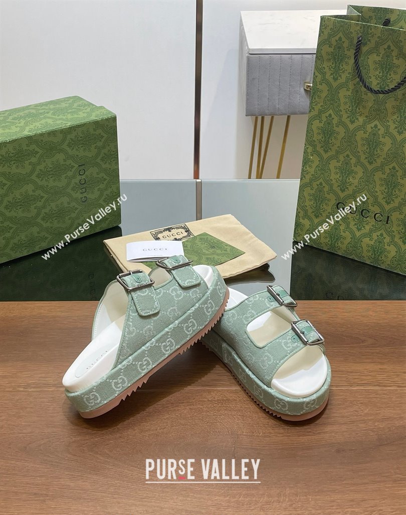 Gucci GG Denim Platform Slides Sandals with Buckle Green 2024 (MD-2407230130)