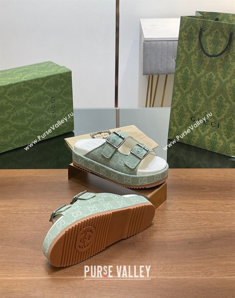 Gucci GG Denim Platform Slides Sandals with Buckle Green 2024 (MD-2407230130)