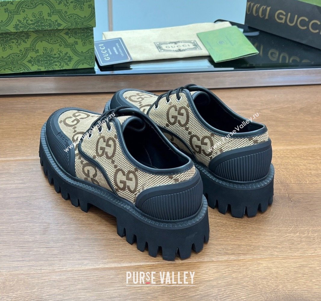 Gucci Lace-up Loafers in Leather and Maxi GG Canvas Camel 2024 0814 (SS-240814080)