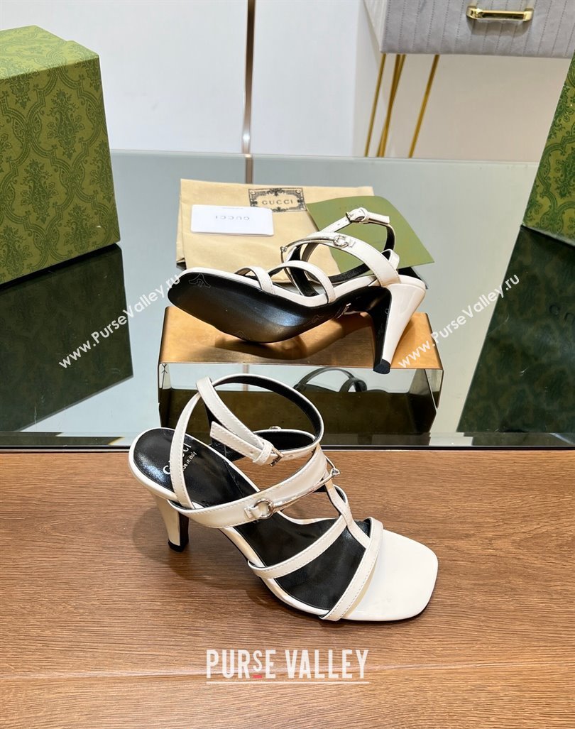 Gucci Leather Heel Sandals 9.5cm with Long Horsebit White 2024 0814 (SS-240814090)