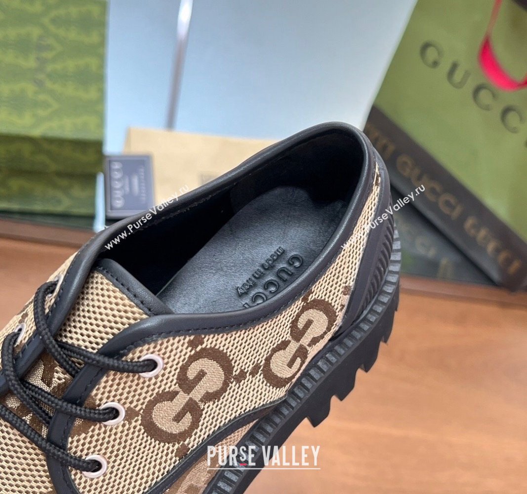 Gucci Lace-up Loafers in Leather and Maxi GG Canvas Camel 2024 0814 (SS-240814080)