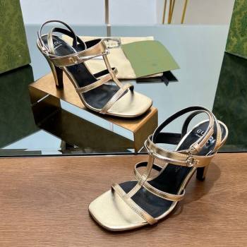 Gucci Leather Heel Sandals 9.5cm with Long Horsebit Gold 2024 0814 (SS-240814093)