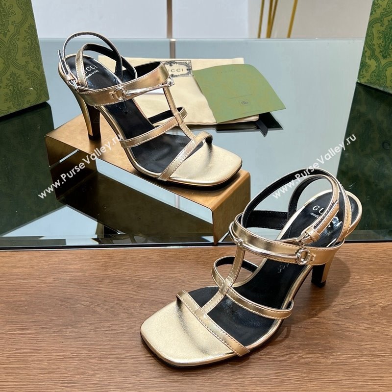 Gucci Leather Heel Sandals 9.5cm with Long Horsebit Gold 2024 0814 (SS-240814093)