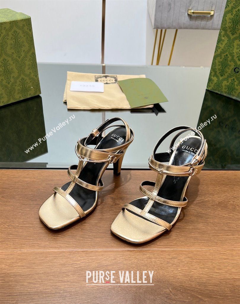 Gucci Leather Heel Sandals 9.5cm with Long Horsebit Gold 2024 0814 (SS-240814093)