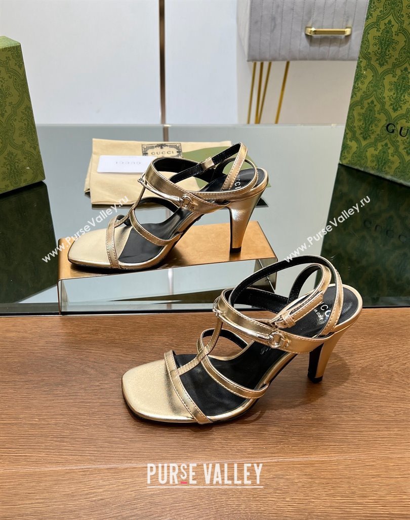 Gucci Leather Heel Sandals 9.5cm with Long Horsebit Gold 2024 0814 (SS-240814093)