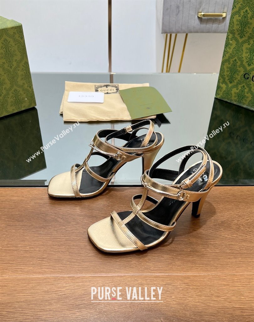 Gucci Leather Heel Sandals 9.5cm with Long Horsebit Gold 2024 0814 (SS-240814093)