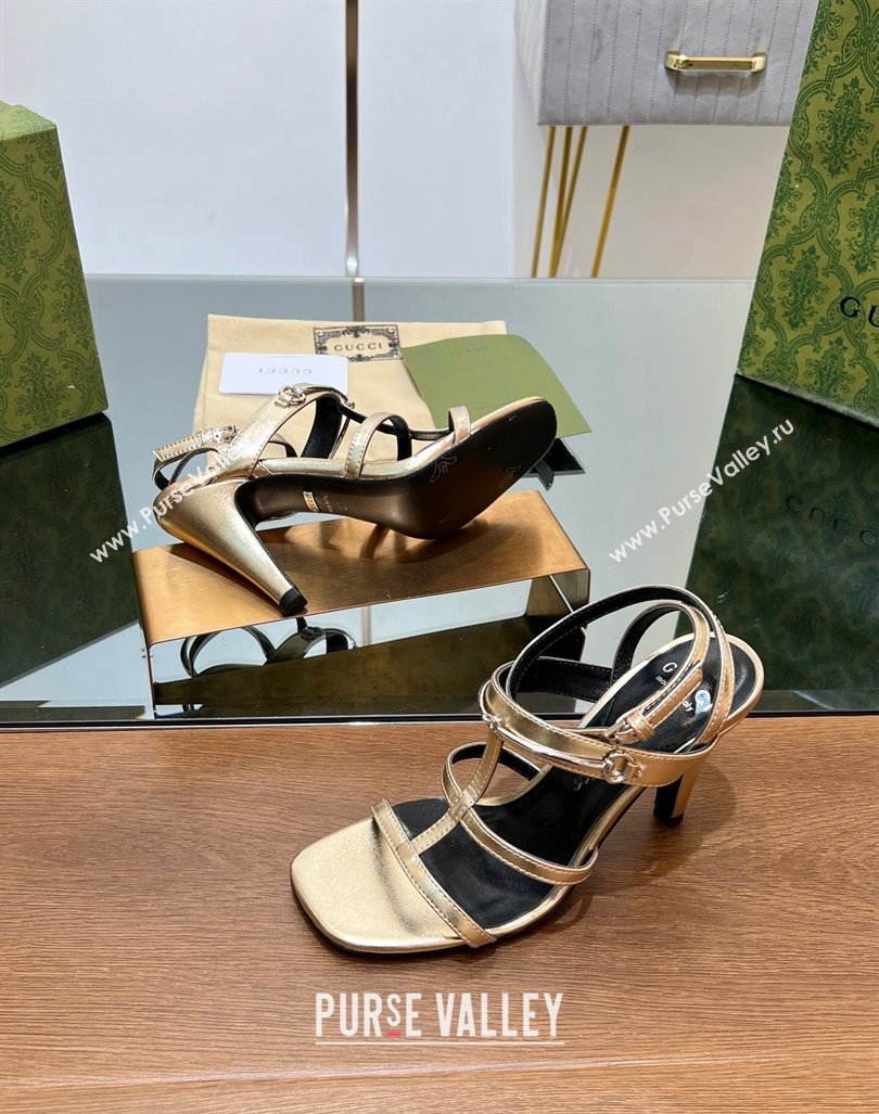 Gucci Leather Heel Sandals 9.5cm with Long Horsebit Gold 2024 0814 (SS-240814093)