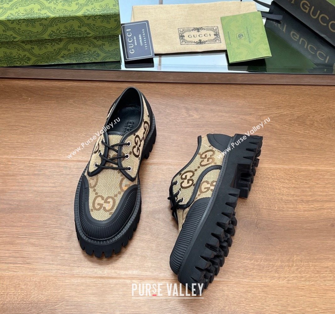 Gucci Lace-up Loafers in Leather and Maxi GG Canvas Camel 2024 0814 (SS-240814080)