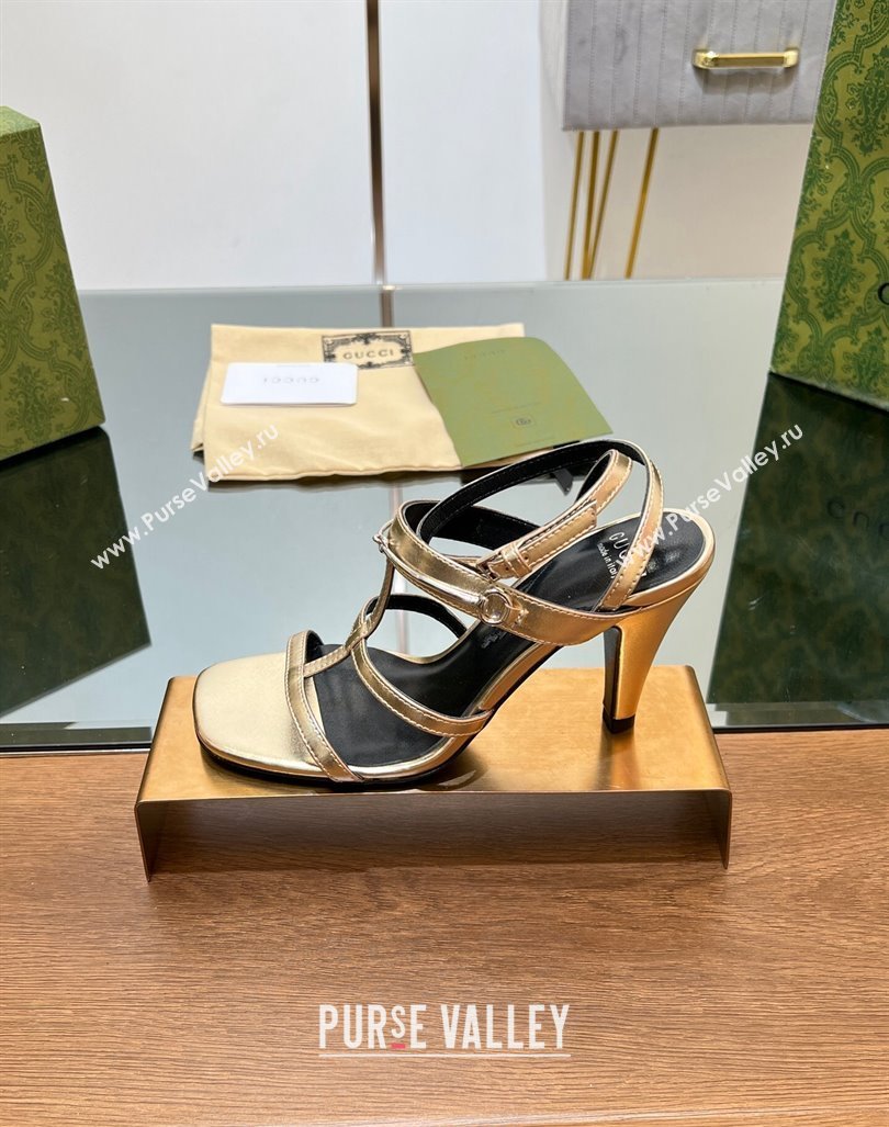 Gucci Leather Heel Sandals 9.5cm with Long Horsebit Gold 2024 0814 (SS-240814093)